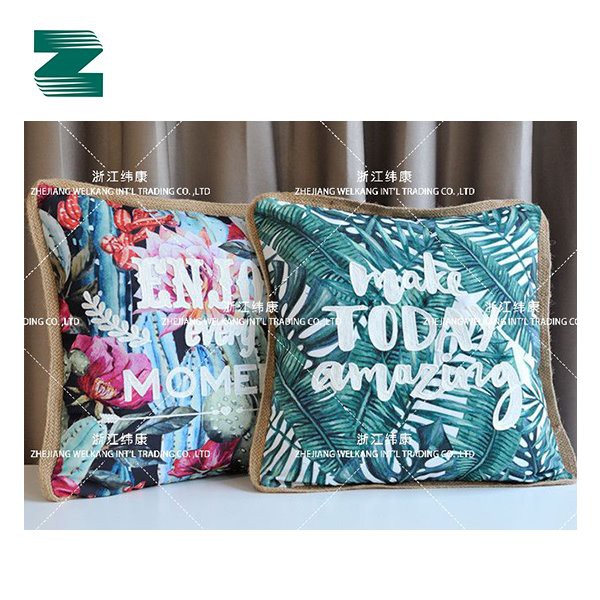 Polyester Digital Print with Embroidery and Linen Piping Cushion