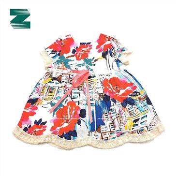 Linen Woven Round Neck Short Sleeve Print Dress with Ruffled Hem