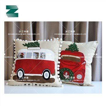 Polyester andCotton Fabric Embroidery Decorative Cushion with Pom Pom Piping