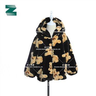 Bear Print Faux fur Coat With Hood Zipper Placket For Kids
